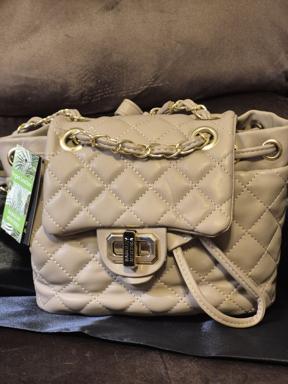 Badgley Mischka Quilted Drawstring Backpack - Taupe